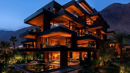 Obraz premium Luxurious modern villa at night in desert oasis architectural photography landscape elegant design
