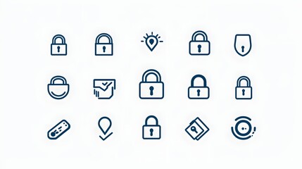 This image contains a collection of 15 minimalist thin line icons representing different padlock and security related symbols such as locked unlocked password protected and encrypted access