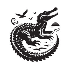Black Crocodile Silhouette Vector, High Quality Illustration on White Background