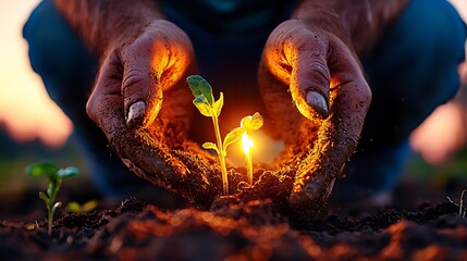 Nurturing growth planting new life in fertile soil at sunset capturing nature's beauty