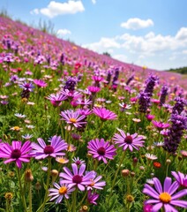 Fototapeta premium A vibrant meadow bursting with purple and pink wildflowers, bathed in sunlight under a cloudless sky, day, countryside, wildflowers