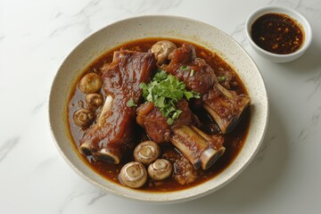 Bowl of bak kut teh, showcasing tender pork ribs in herbal pork rib soup, garnished with cilantro. Concept of inviting bak kut teh, highlighting rich flavors and textures.