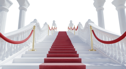 Red carpet with golden starting rope, isolated on white background.
