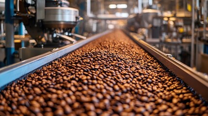 Coffee beans on a conveyor belt in an industrial setting.