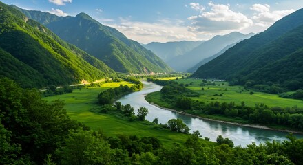 Fototapeta premium Serene River Valley Landscape Sunlight bathes lush green mountains and meandering river creating a peaceful ambiance.. AI Generated