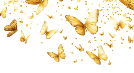 Golden butterfly flying on white background.
