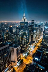 arafed view of a city at night with a street and skyscrapers