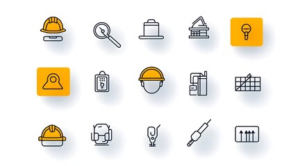 A set of clean and professional hard hat outline icons designed in a linear vector based style ready for use in construction engineering and industrial applications