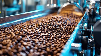Fototapeta premium Coffee beans moving on a conveyor in a production facility, showcasing industrial processing.