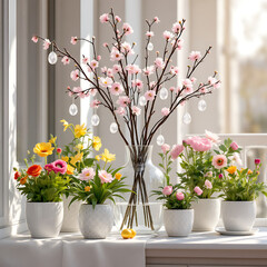 Naklejka premium Colorful spring floral arrangement featuring blooming plants and decorative branches by a sunny window