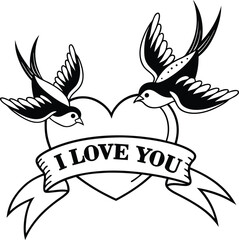 Fototapeta premium Tattoo Style Birds and Heart with 'I Love You' Banner
