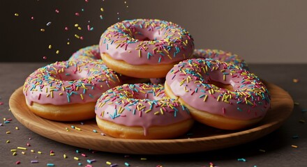 Delicious pink donuts playfully adorned with sprinkles sit on a wooden plate bathed in warm light.. AI Generated
