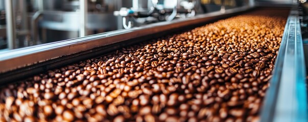 Conveyor belt transporting roasted coffee beans in a processing facility.