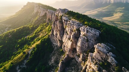 Aerial View of Mountain Ridge with Rock Formations and Green Trees