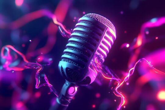 Neon-lit vintage microphone with dynamic pink and purple light streaks - Powered by Adobe