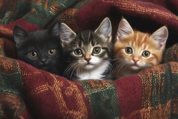 Three adorable kittens nestled in a cozy blanket looking at the camera curiously.