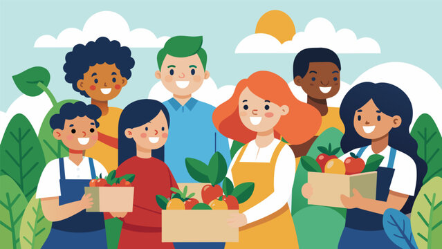 A group of teachers proudly display their Garden to Table curriculum as students harvest fresh vegetables to be used in cooking classes all grown in. Vector illustration