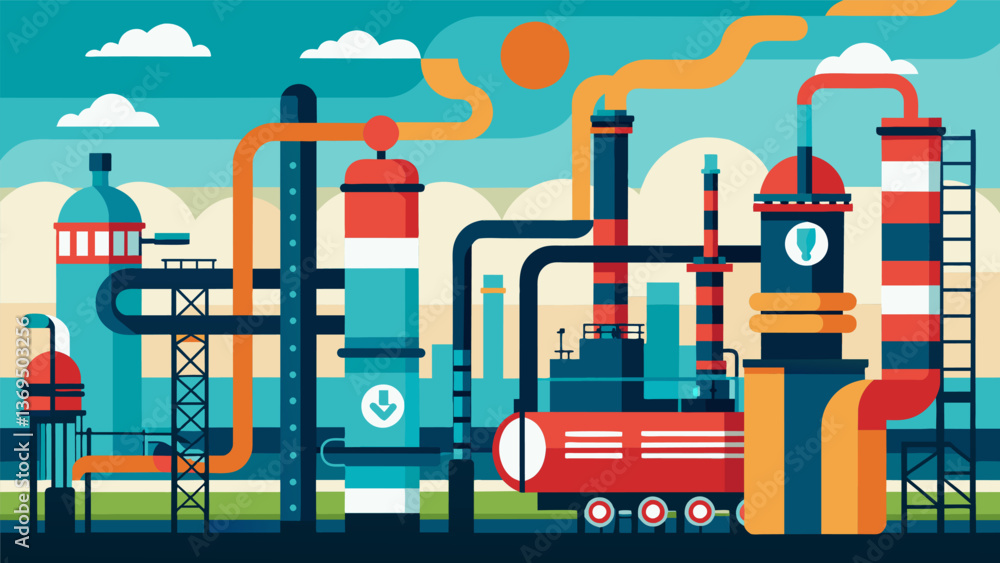 Poster a series of intricate pipes and tubes s through the refinery channeling raw petroleum through variou