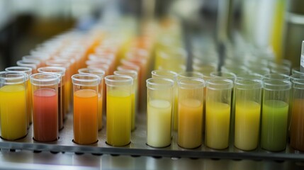 Laboratory test tubes containing various food samples for analysis, showcasing scientific research and quality control in food safety and nutrition studies.