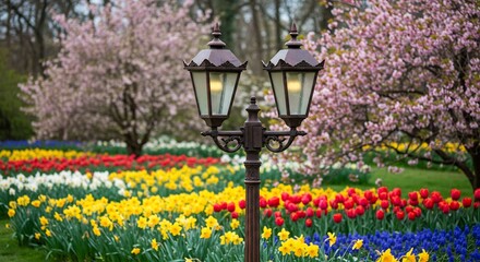 Warm light illuminates vibrant spring garden tulips daffodils. AI Generated
