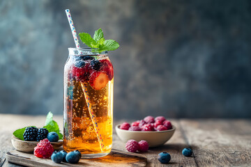 A glass of iced tea with a straw and a bowl of raspberries