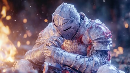 A wounded knight sits in contemplation by a fire, reflecting on the battlefield