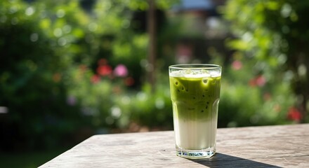 Refreshing Iced Matcha Latte sits outdoors bathed in soft sunlight. AI Generated