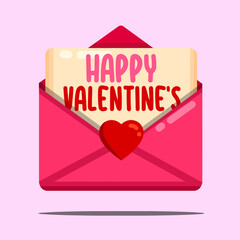 Love envelope with Happy Valentine’s sentence written inside the envelope. Valentine’s Day card with pink envelope isolated on pink background. Heart greeting card with simple design for Valentine. 