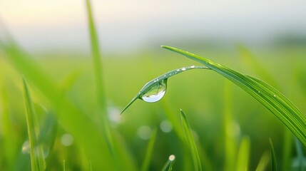 A fresh green blade of grass with a single droplet reflecting the sky, ultra-HD. 
