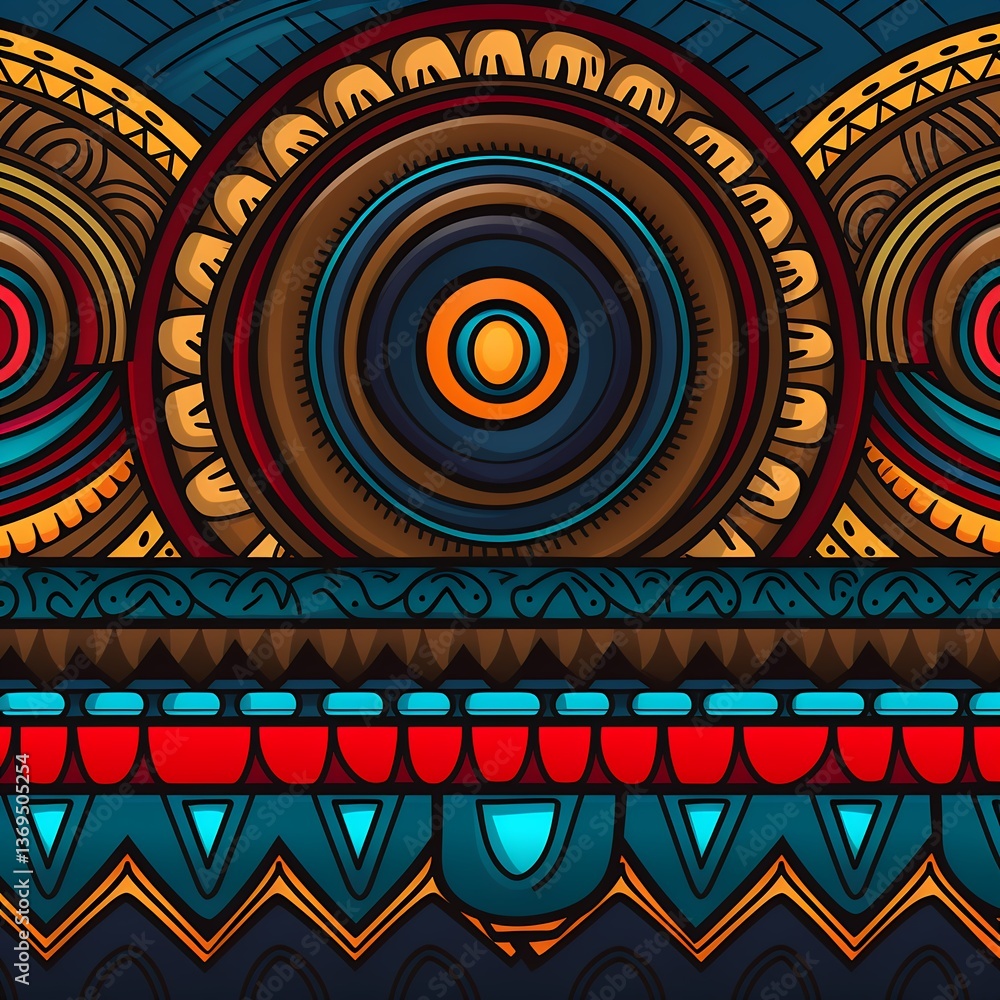 Poster colorful geometric tribal pattern with circular and triangular motifs