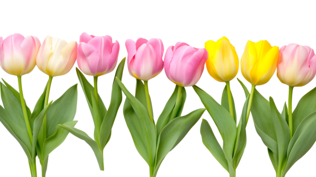 A row of flowers with pink and yellow flowers