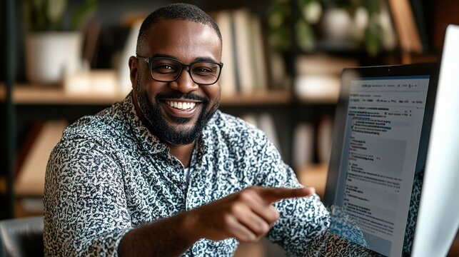 Smiling Mature Black Man Pointing at Computer Screen in Office Setting