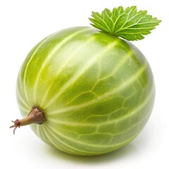 A Single Fresh Green Gooseberry with Leaf Isolated on White Background