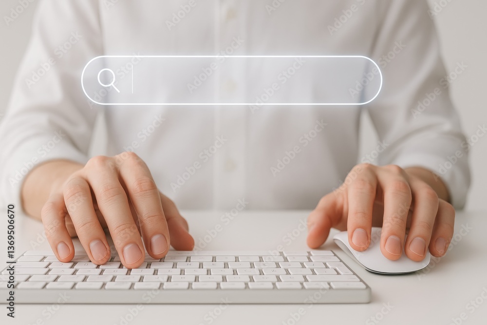 Poster digital quest: a person typing on a keyboard and searching on an online search bar, capturing the es