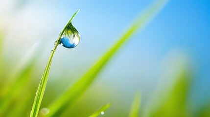 A fresh green blade of grass with a single droplet reflecting the sky, ultra-HD. 