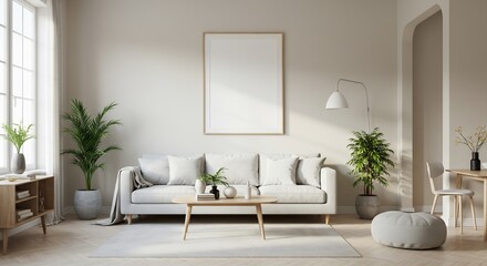 Serene living room subtly bathed in warm sunlight showcasing minimalist design aesthetic. AI Generated