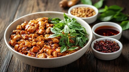 Chicken noodles with rich sauce and fresh herbs.  Served in a bowl, garnished with fresh basil