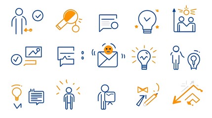 An elegant set of 15 monochrome outline representing various aspects of stakeholder communication teamwork and business strategy
