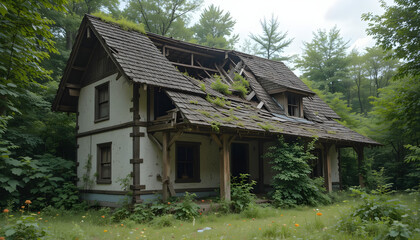 Abandoned house in woods overgrown building decaying architecture old home forgotten structure nature scene