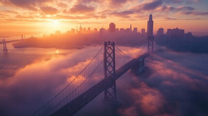 Fototapeta premium A beautiful city bridge and skyline enveloped in morning fog