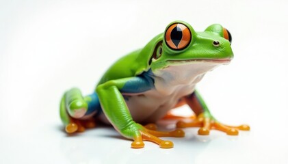 Obraz premium Green tree frog perched on white, vibrant skin, reptile, isolated