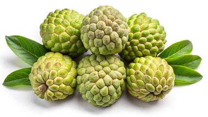 Fototapeta premium A Closeup of Six Fresh Green Cherimoyas with Lush Green Leaves on a White Background