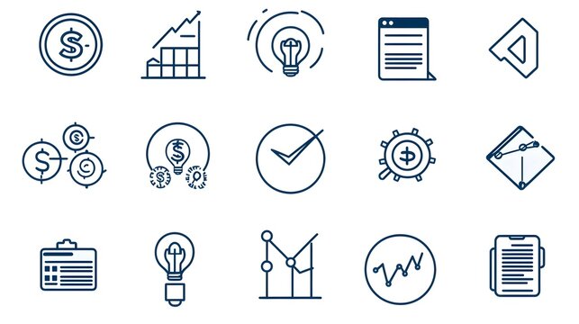 A collection of 15 stylized outline icons depicting various economic indicators profit charts and revenue growth metrics in a