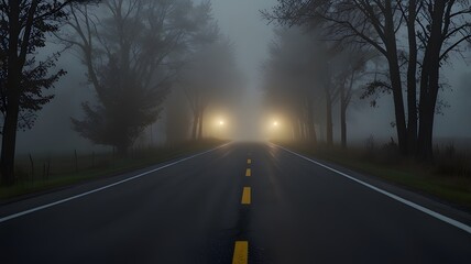 Fototapeta premium Foggy Road at Night with Headlights