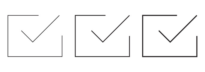 Simple checkmark in a box set with different line width. Correct, approved symbol. Vector icons in flat style