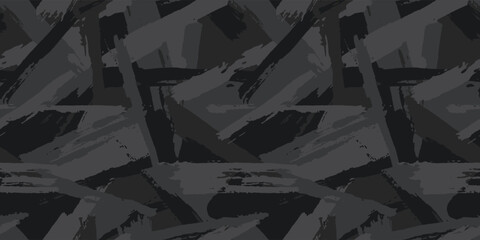 Grunge urban camouflage, black fashion design. Dirty brush stroke hand draw camo, military pattern. Army uniform, fashionable fabric print. Vector seamless monochrome texture © Юрий Парменов