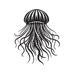 Black Jellyfish Silhouette Vector, High Quality Illustration on White Background