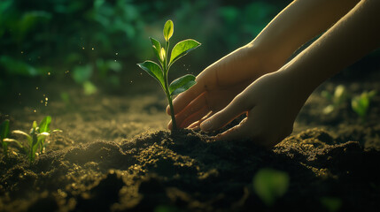 Fototapeta premium Hands holding a green plant in a garden symbolizing growth and care for nature