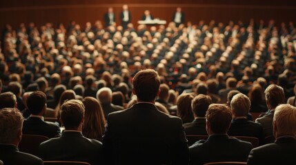 A formal gathering of professionals, with a speaker addressing a large audience, showcasing a sense of unity and engagement among attendees.