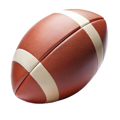 Closeup view of an American football with white laces and brown leather texture on a black background